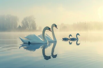 The Swan Family Peaceful Journey - obrazy, fototapety, plakaty