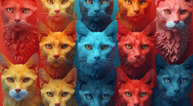 3D renders cat heads of different color isolated on black background