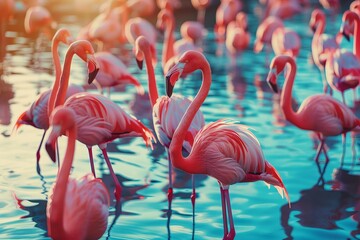 Flamingos Gathering in Unison - obrazy, fototapety, plakaty