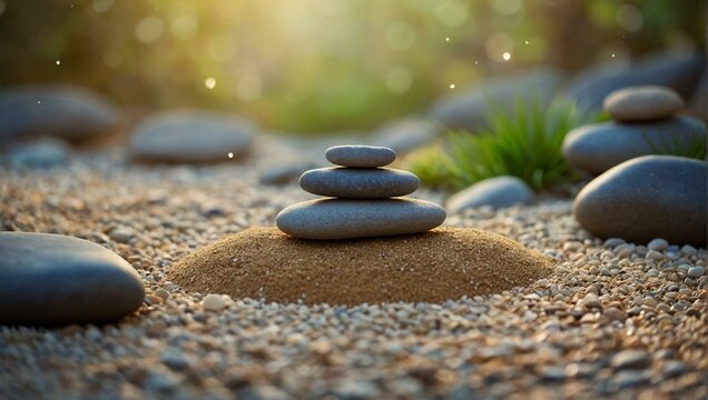 Calm and soothing image of Zen stones carefully stacked on a sandy beach with sparkling sunlight and bokeh effect