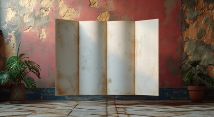 Sheet of white crumpled paper on grey background, top view