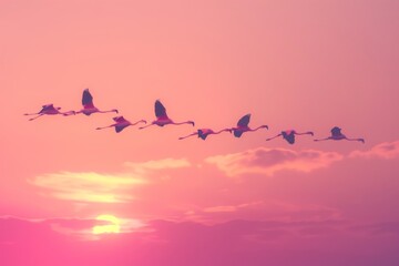 Flamingos in Formation - obrazy, fototapety, plakaty