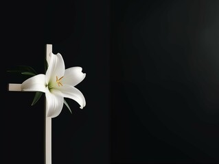 A minimalist graphic design featuring an Easter lily and a cross, representing the resurrection of Jesus Christ and the promise of new life, crafted with simplicity and elegance