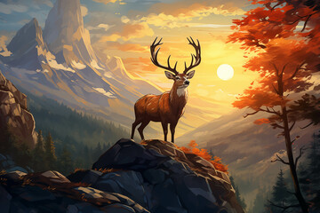 A watercolor painting of a deer standing on a rock at the edge of a cliff in the evening sunlight. - obrazy, fototapety, plakaty