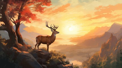 A watercolor painting of a deer standing on a rock at the edge of a cliff in the evening sunlight.