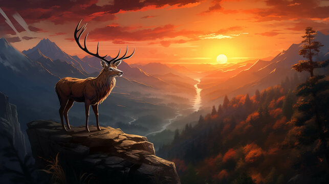 A watercolor painting of a deer standing on a rock at the edge of a cliff in the evening sunlight.