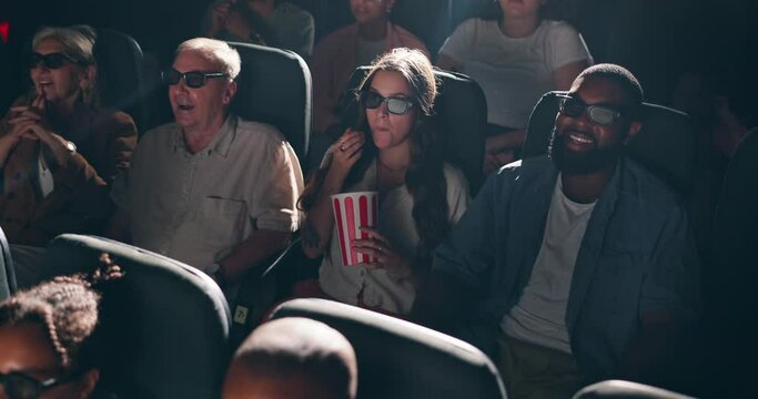 People, audience and cinema with 3d glasses for movie entertainment with popcorn, film festival or watching. Men, women and auditorium chairs for show screening in theater, performance or relaxing