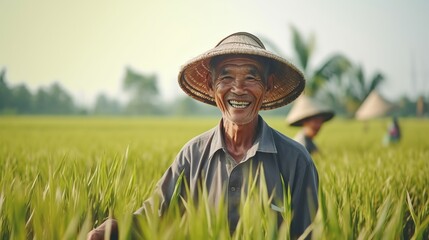 Naklejka na ściany i meble portrait of an old male farmer in a wheat field at noon