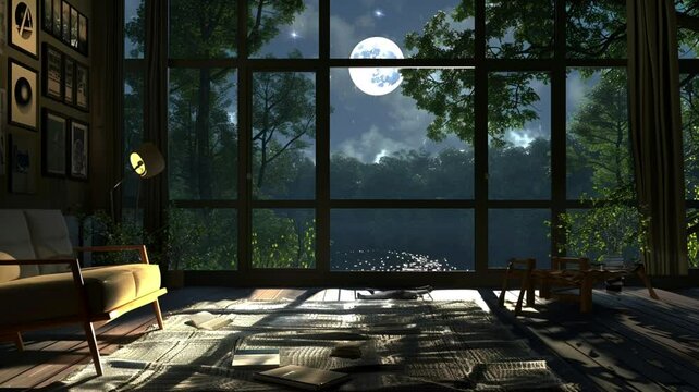 Enjoy the view of a moonlit forest from your comfortable study nook with a large window, seamless looping background animation, anime style, for vtuber / streamer backdrop