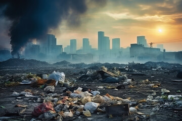 A city skyline with a massive heap of trash in the foreground, highlighting issues of environmental pollution and urban waste management