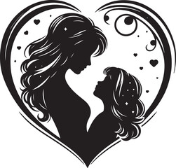 mother and daughter silhouette in the heart shape vector, silhouette of a girl with heart