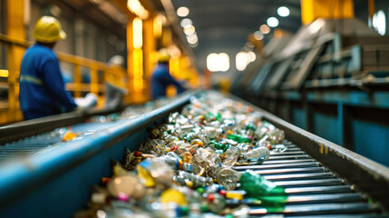 Obraz premium Two Men in Yellow Jackets and Orange Hats Sorting Plastic Bottles at a Garbage Processing Plant