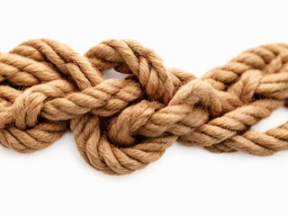 Fototapeta na wymiar A rustic rope with a complex knot in the middle, isolated on white background.