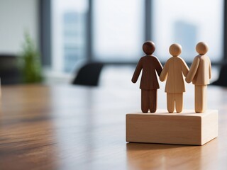 A series of wooden people business teamwork holding hands.