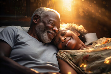 An elderly dark-skinned man and woman lay side by side in bed, expressing love and closeness