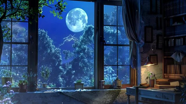 study nook with a large window overlooking a moonlit forest, seamless looping background animation, anime style, for vtuber / streamer backdrop