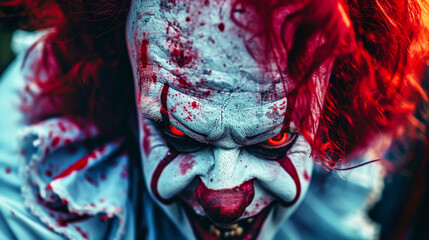 Creepy Clown With Red Hair and Makeup