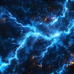 Fotobehang The electric blue lightning bolt cut through the dark purple sky, illuminating the atmosphere with its powerful energy. A mesmerizing display of natures art in motion © Oleksandra