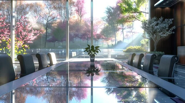 The meeting room's location by the river provides a peaceful setting, ideal for productive meetings, seamless looping background animation, anime style, for vtuber / streamer backdrop