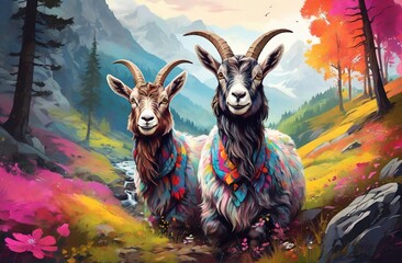 An Alpine Goat with colorful furs with Alpine background - obrazy, fototapety, plakaty