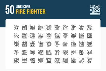 Set of 50 icons of Fire Fighter related to Firefighter, Fire Station ,Fire Truck Line Icon collection - obrazy, fototapety, plakaty