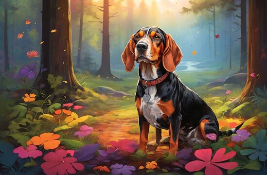 An American Coonhound in the forest