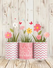 Spring-themed paper planters with grass and flowers.