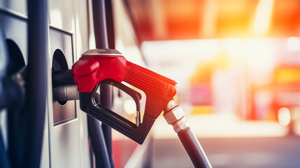 Refueling a car at a gas station with a red fuel nozzle. - obrazy, fototapety, plakaty