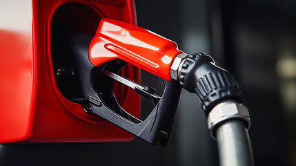 Red fuel nozzle inserted in the tank of a vehicle, representing refueling.