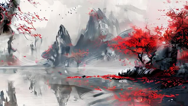 Grunge background with autumn forest and river. Digital painting.
