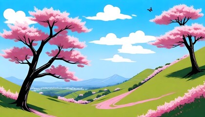Digital Art of a magnificent cherry blossom tree in full bloom, its branches laden with pink flowers and delicate petals against a clear blue sky. The surrounding landscape is lush and vibrant.