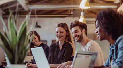 A lively team gathers around a laptop, engaging in a collaborative discussion in a well-lit, modern office setting. AIG41