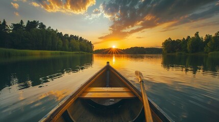 Sunset boat ride on a tranquil lake. - obrazy, fototapety, plakaty