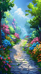 Along the enchanted garden path, vibrant flowers flourish in abundance.