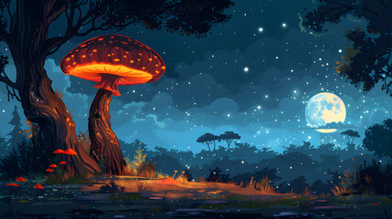Art of An enchanted cartoon spring night scene, with a moonlit glade and glowing mushrooms. - obrazy, fototapety, plakaty