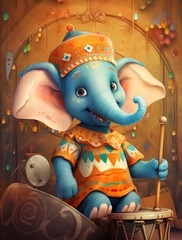 Happy Elephant with drums, animal music. music advertisement