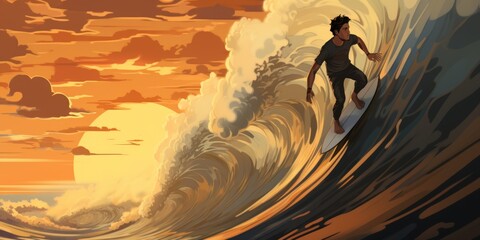Professional surfer riding waves. man catching waves in ocean Surfing action water board sport. Water sport. Beach swimming activity on summer vacation. extreme sport. surfing at sunset time