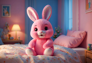 Adorable very happy smiling plush rabbit on the bed in a bright bedroom. very minimalistic background