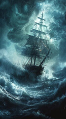 3D artwork of sailing ship in fierce storm dark ominous sea
