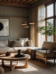Moderne Japandi-Wohnzimmereinrichtung mit natürlicher Holzausstattung und sanfter Beleuchtung - obrazy, fototapety, plakaty
