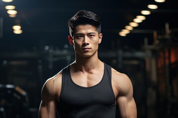 Portrait of an asian sport man in dark gym. smiling man in practice room. active korean man in sportswear - obrazy, fototapety, plakaty