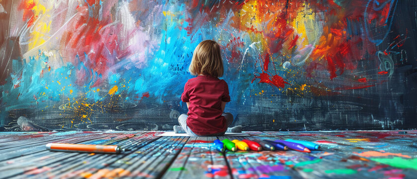 Kid drawing with imaginary friend colorful art supplies