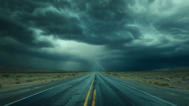 Thunderstorm approaching deserted highway darkening skies