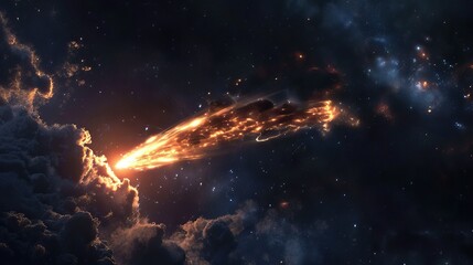 A fiery comet streaking across a star-filled night sky, leaving a trail of glowing debris