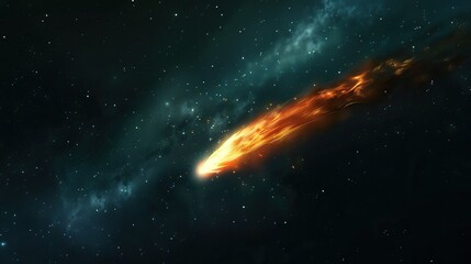 A fiery comet streaking across a star-filled night sky, leaving a trail of glowing debris
