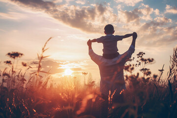 A heartwarming moment as a father carries his son on his shoulders, both enjoying the sunset in a serene field..