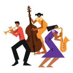 
Jazz Band, dixieland, Contrabass, saxophon, trumpet.
Funny flat design Illustration of two women jazz musicians  and man with trumpet. Isolated on white background.