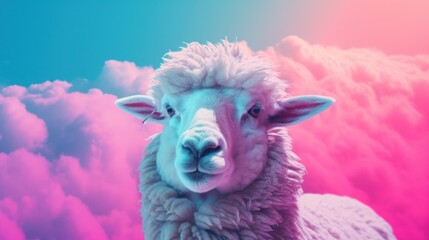 Obraz premium Fantasy vaporwave portrait of retrowave sheep. Pink and blue colors.