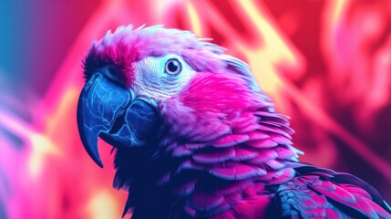 Fantasy vaporwave portrait of retrowave parrot. Pink and blue colors.