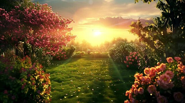 The setting sun paints the sky in shades of orange and pink, casting a warm glow over the garden, seamless looping background animation, anime style, for vtuber / streamer backdrop